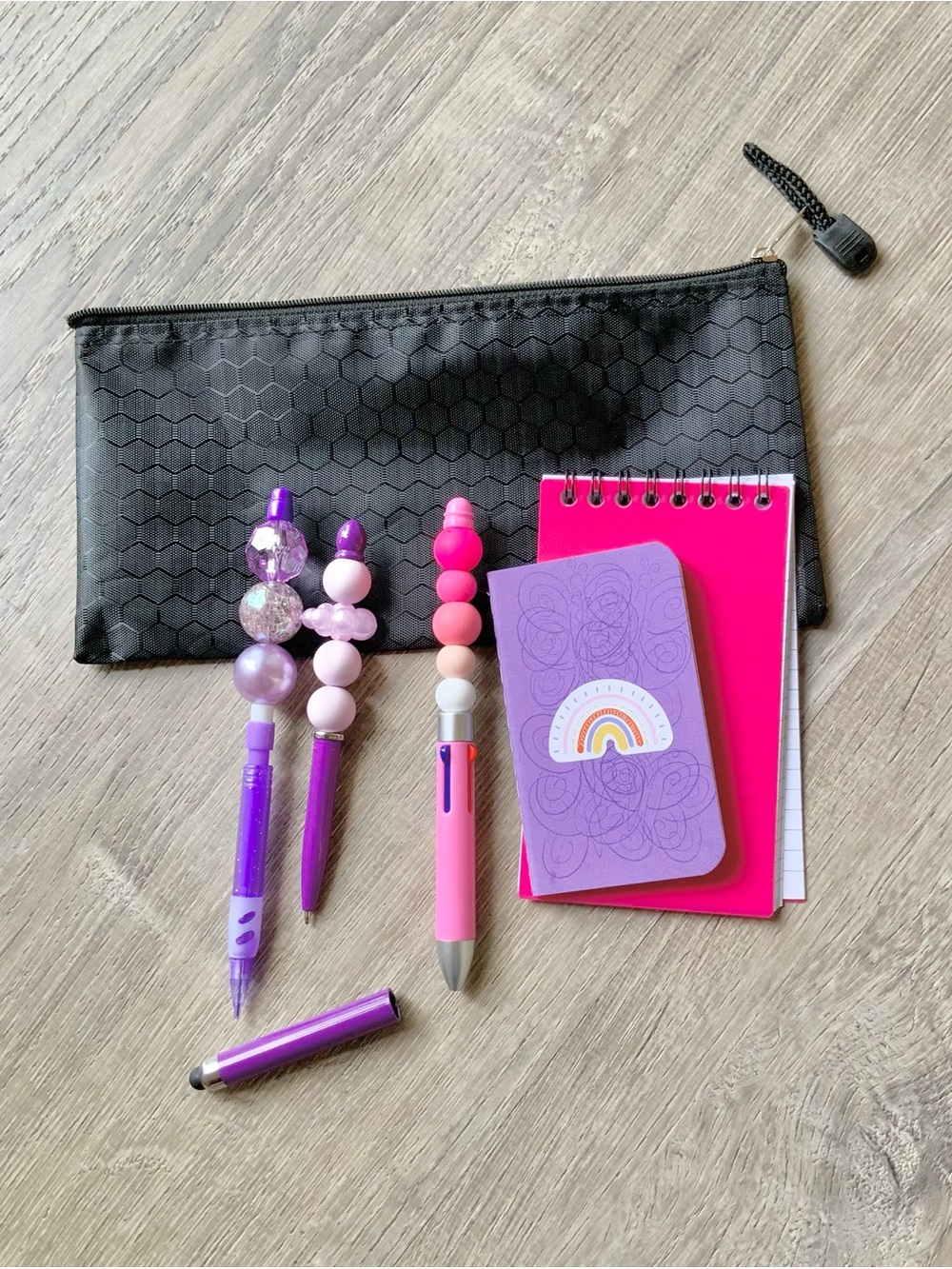 Hand Crafted Stationery Set w/ Beaded Pens, Pencil, Pencil Case & Notebooks